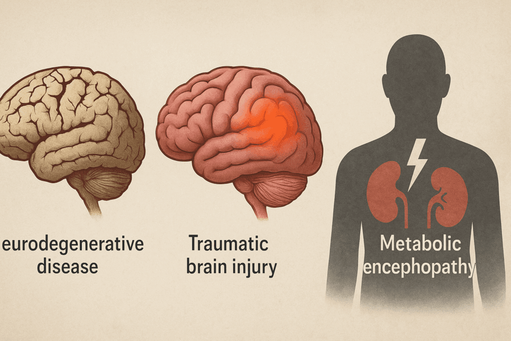 Symbolic comparison of severe cognitive impairment causes showing a deteriorating brain for neurodegeneration, trauma-highlighted brain, and organ failure in silhouette for metabolic encephalopathy.