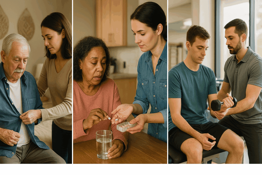 Three patients with severe cognitive impairment receiving care—an elderly man getting help dressing, a woman managing medications, and a young man in physical therapy.