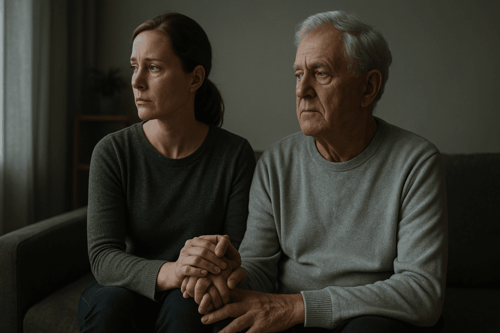 Caregiver holding hands with elderly man in a quiet room, both facing away, conveying emotional strain of severe cognitive impairment.