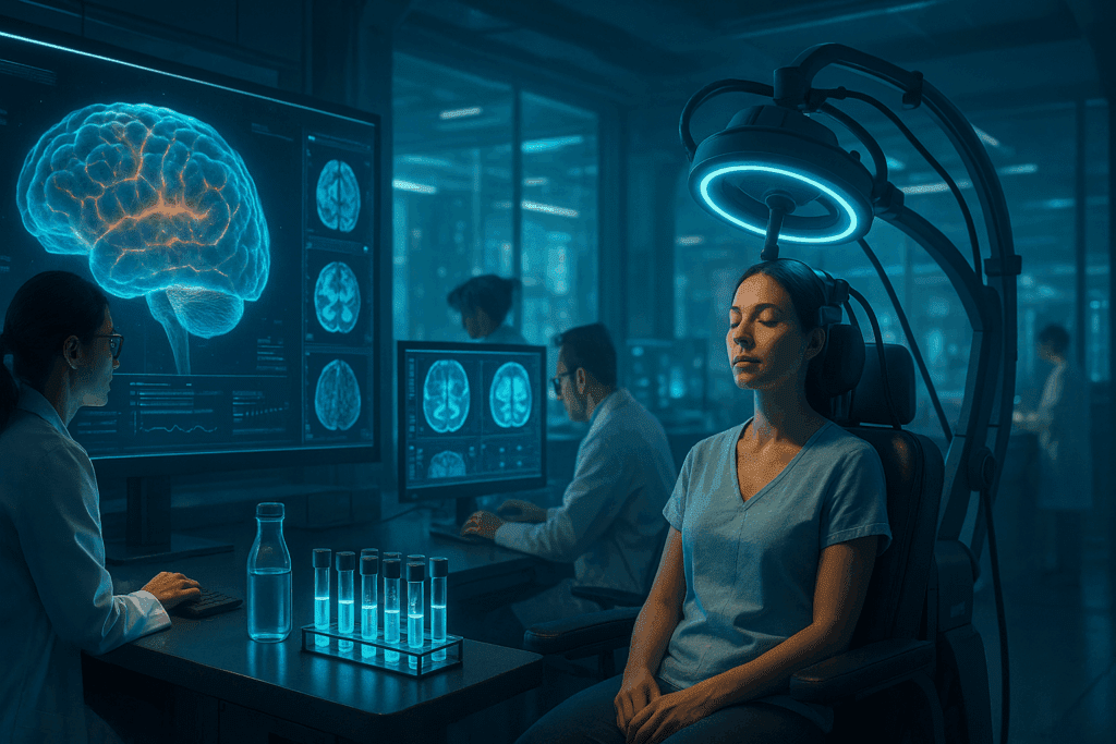 Futuristic neuroscience lab with researchers analyzing brain scans and conducting non-invasive tests to study severe cognitive impairment.