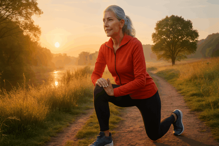 Mature woman in athletic wear performing knee cartilage repair exercises outdoors at sunrise, promoting natural healing and mobility.