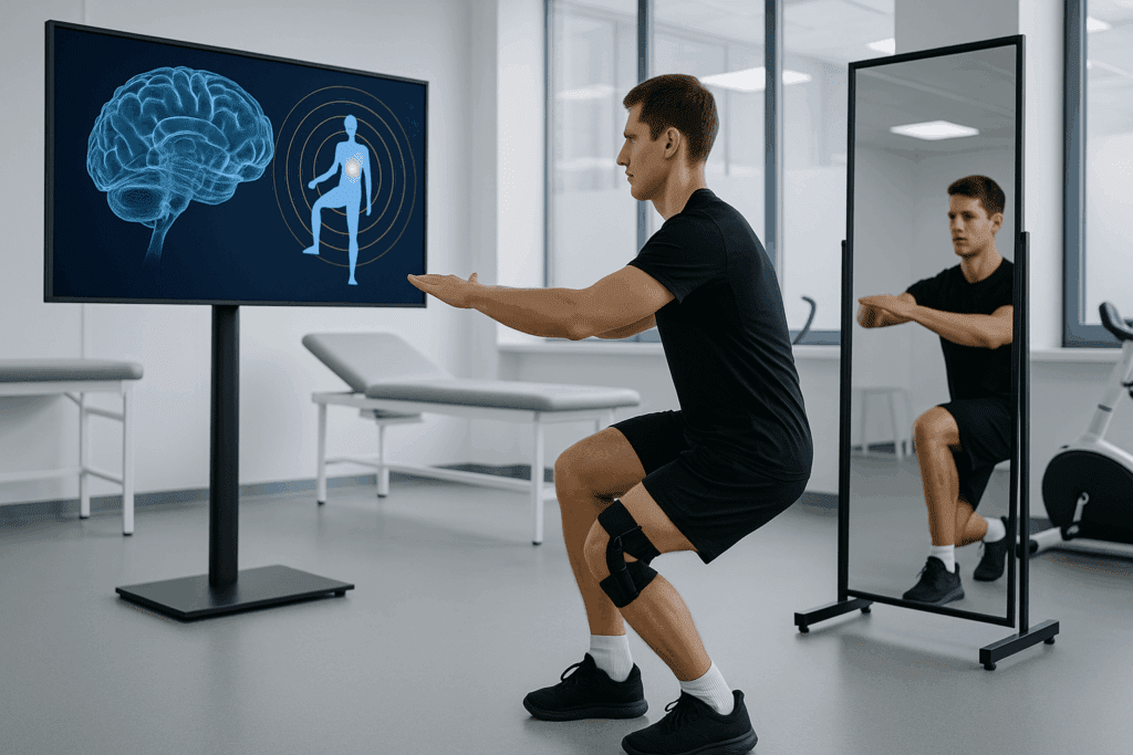 Man performing knee cartilage repair exercises using visual feedback screens and mirrors in a high-tech rehabilitation center