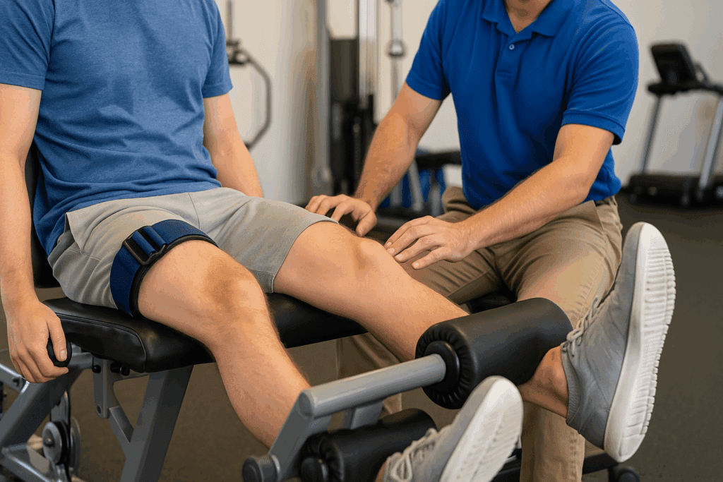 Physical therapist guiding a patient through leg extensions with a thigh cuff during low-load knee cartilage repair exercises