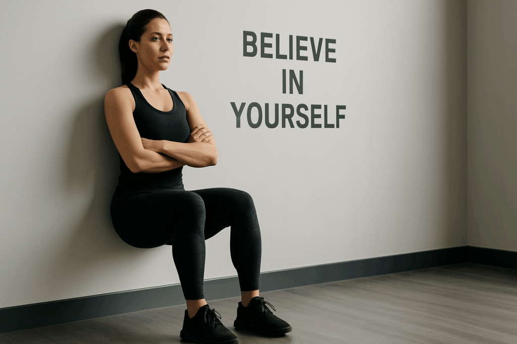 Athletic woman performing a wall sit indoors to demonstrate knee cartilage repair exercises that strengthen quads and glutes without joint strain