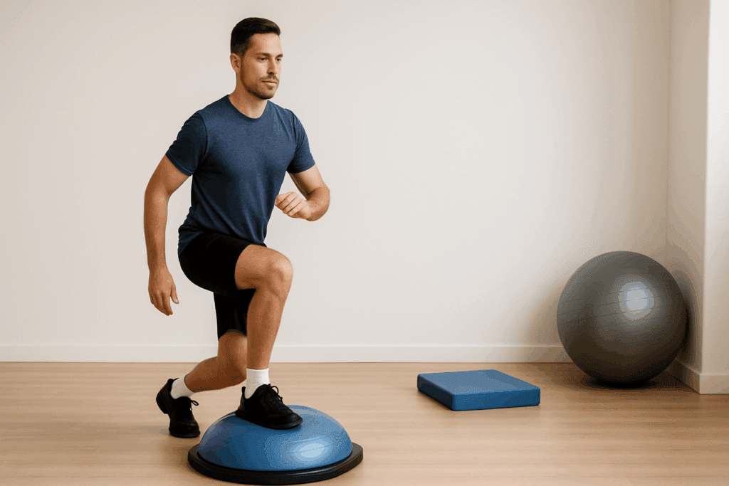 Man performing balance training on a BOSU ball as part of knee cartilage repair exercises in a rehab setting.