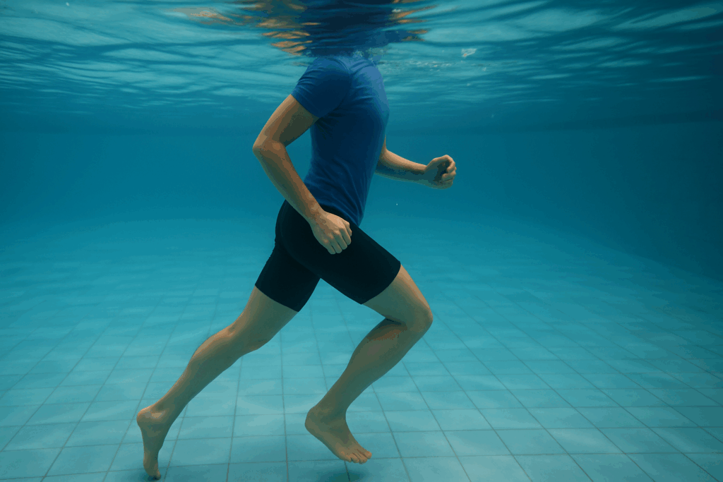 Person performing underwater walking as part of low-impact knee cartilage repair exercises in a therapy pool