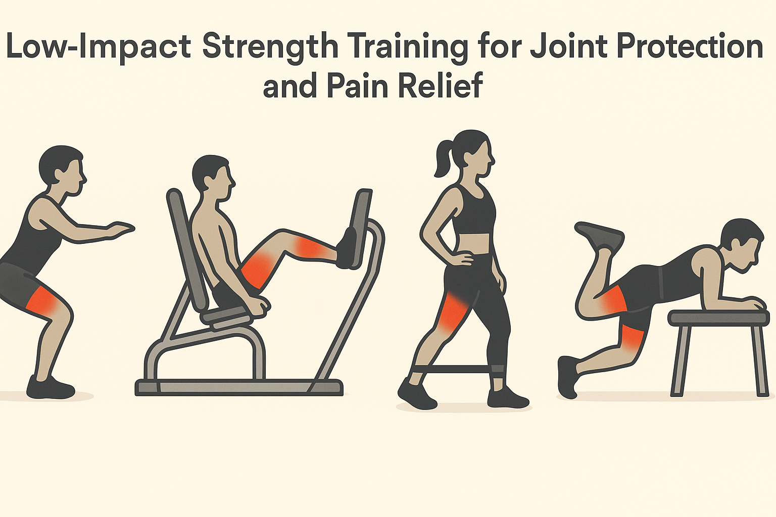 Infographic of four knee cartilage repair exercises including mini squats, seated leg presses, lateral leg lifts with resistance bands, and hamstring curls, with muscle engagement areas highlighted