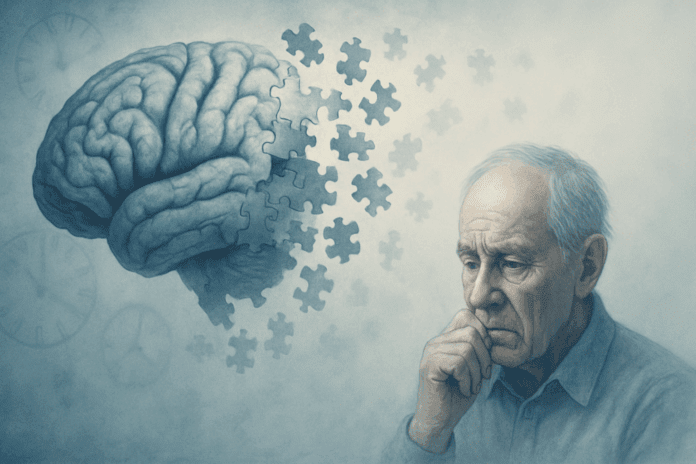 Elderly man looking distressed as a human brain dissolves into puzzle pieces, symbolizing the sudden worsening of dementia symptoms.