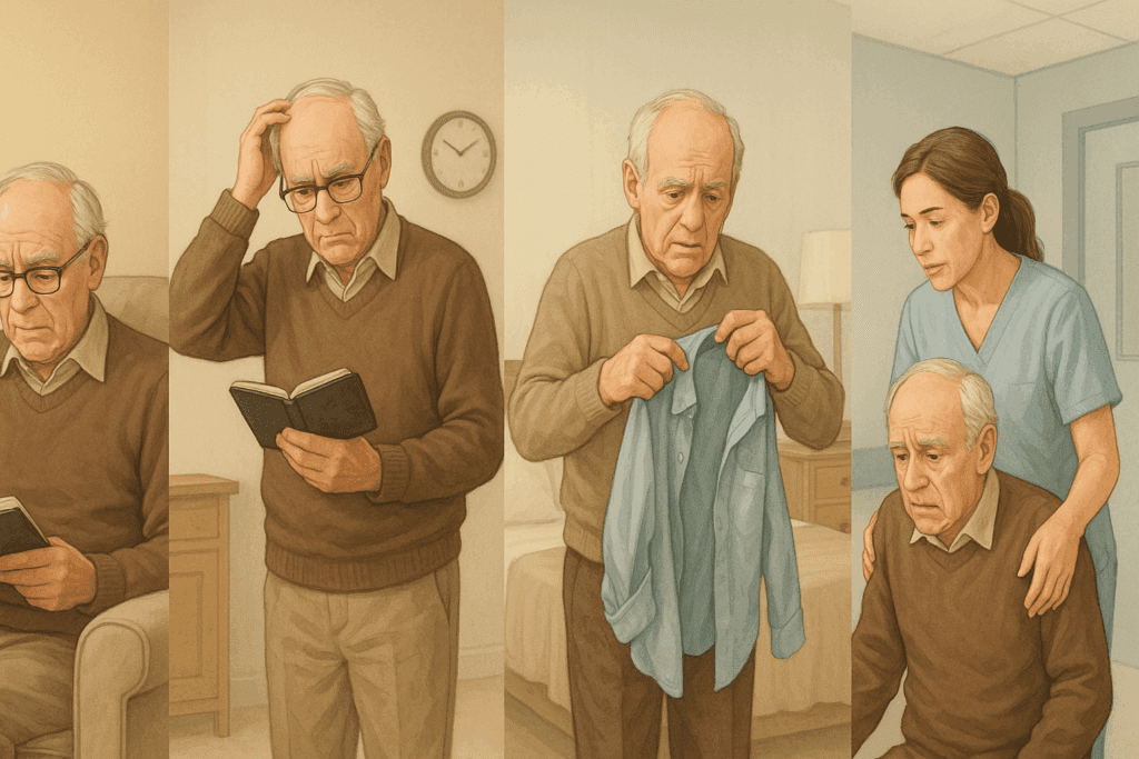 Elderly man transitions from reading to needing assisted care, visually portraying the sudden worsening of dementia symptoms through progressive cognitive decline.