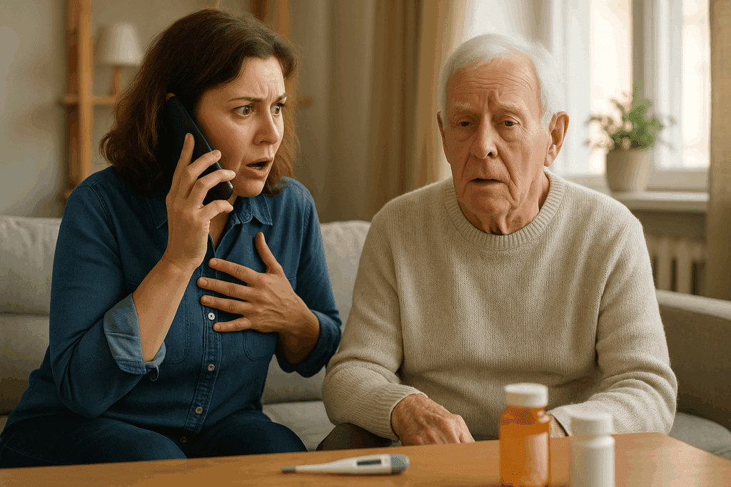 Middle-aged caregiver urgently calling for help while an elderly man shows signs of confusion during a sudden worsening of dementia symptoms.
