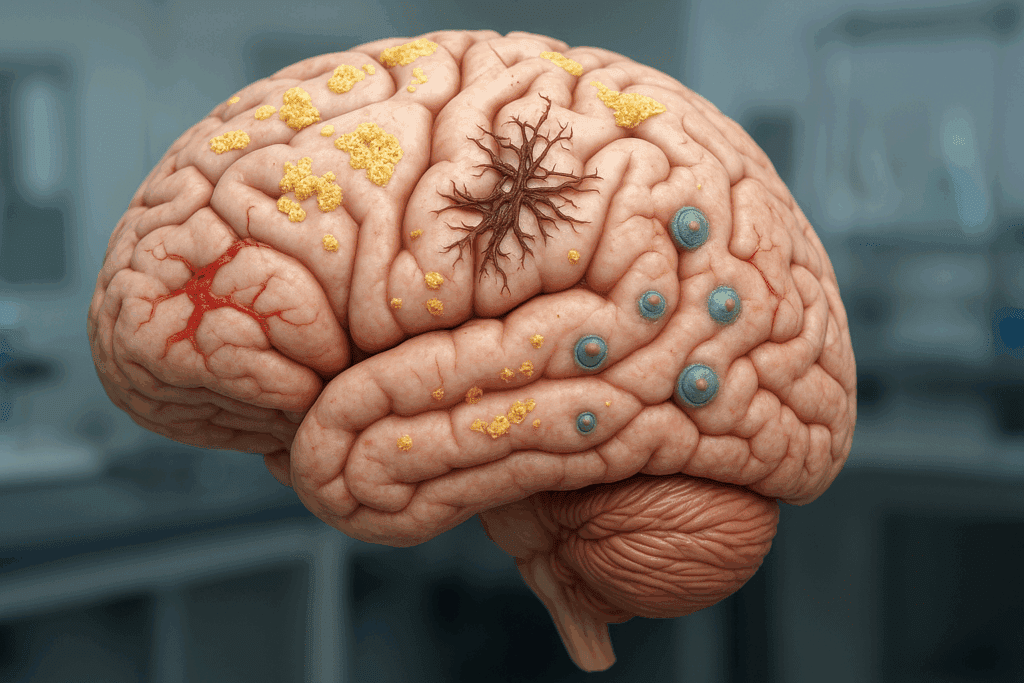 3D-rendered human brain showing beta-amyloid plaques, tau tangles, vascular lesions, and Lewy bodies, illustrating sudden worsening of dementia symptoms.