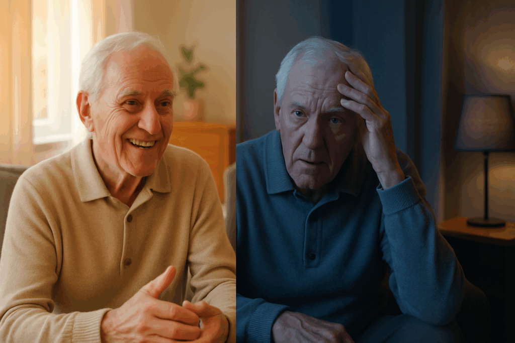 Elderly man appearing alert in daylight and disoriented at night, illustrating sudden worsening of dementia symptoms.