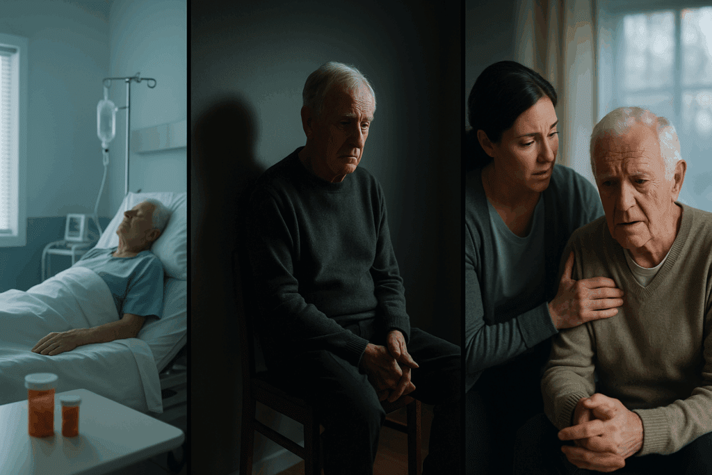 Elderly man in hospital bed, another alone in a dark room, and a caregiver comforting a distressed senior—depicting the sudden worsening of dementia symptoms through medical, social, and psychological struggles.