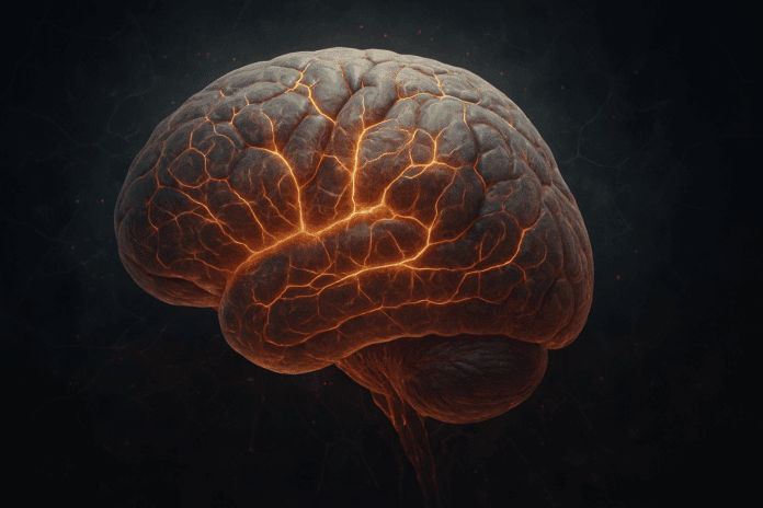 Glowing human brain with illuminated neural pathways on a dark background, symbolizing neurocognitive disorder complexity.
