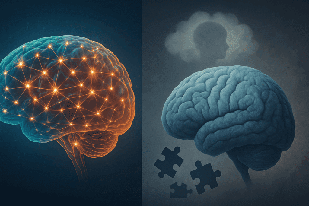 Split-screen illustration of two brains, one vibrant with active neural connections and the other dimmed and fragmented, symbolizing neurocognitive disorder progression.