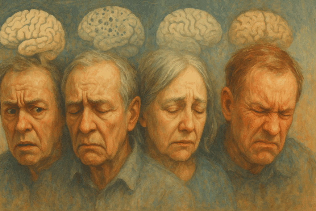 Four aging faces blending into one another, each expressing confusion, sadness, or frustration, with subtle brain illustrations symbolizing a neurocognitive disorder above each head.