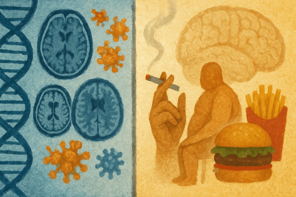 Split illustration of neurocognitive disorder causes, with DNA strands and brain scans on one side, and smoking, obesity, and junk food on the other.