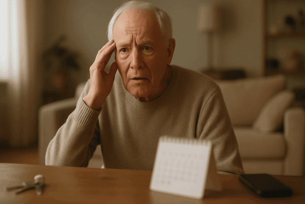 Elderly man in a softly lit living room looking confused, surrounded by out-of-focus keys, phone, and calendar—depicting early signs of neurocognitive disorder.