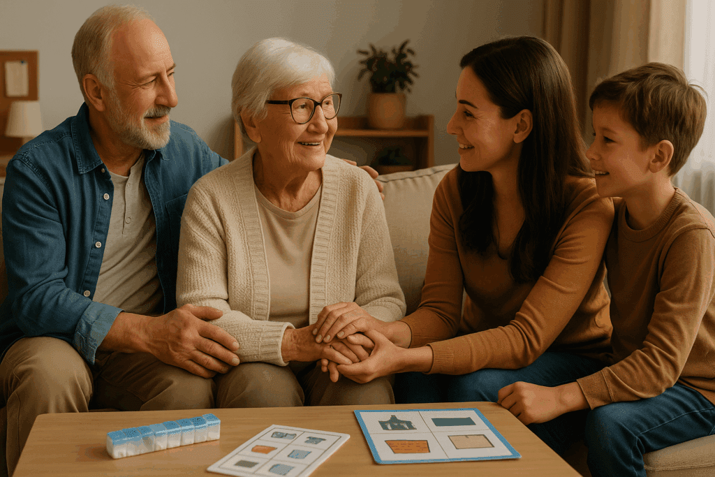 Multigenerational family supporting an elderly woman with neurocognitive disorder using memory aids and medication organizers at home.