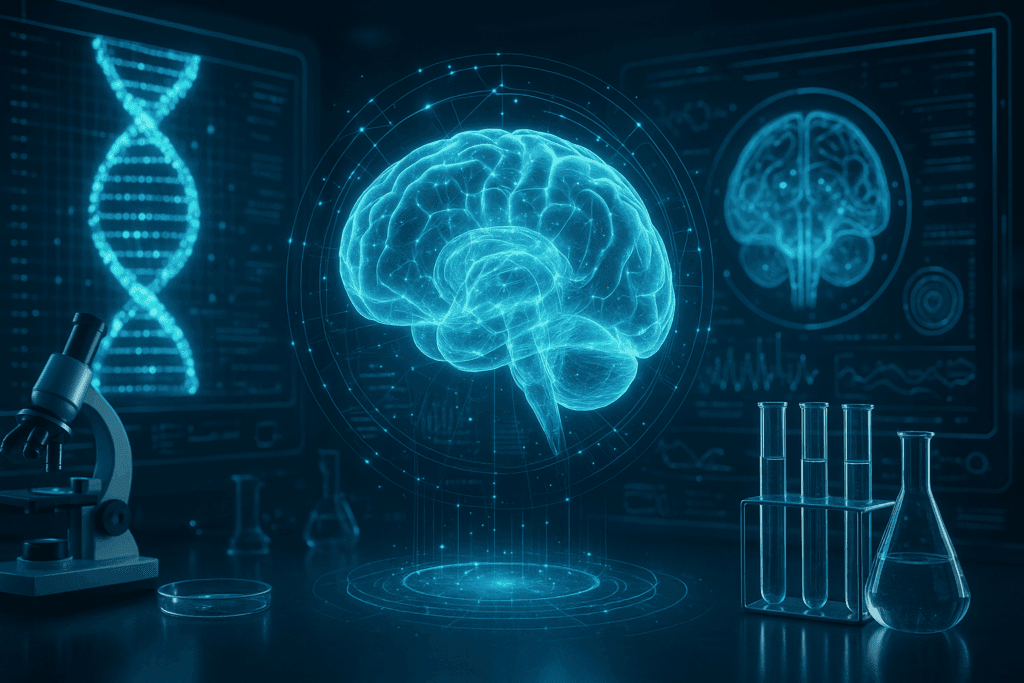 Futuristic lab scene featuring a transparent 3D brain with holograms of DNA and brain scans, symbolizing research in neurocognitive disorder.