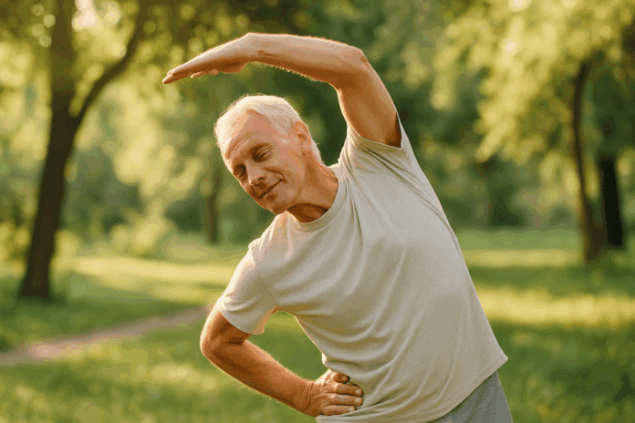 Older adult performing a side body stretch in a peaceful park, demonstrating mobility and balance to explore if do bone stretch exercises really help.
