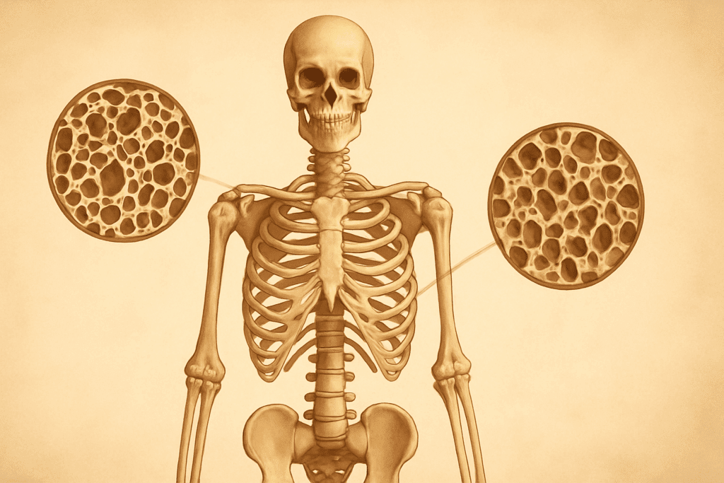 Scientific illustration comparing healthy and osteoporotic bones in a human skeleton, addressing the question: do bone stretch exercises really help