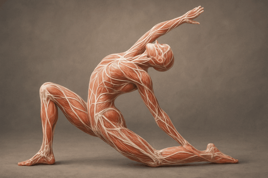 Human figure in a yoga lunge pose with visible fascial lines and muscles, illustrating how do bone stretch exercises really help with flexibility.
