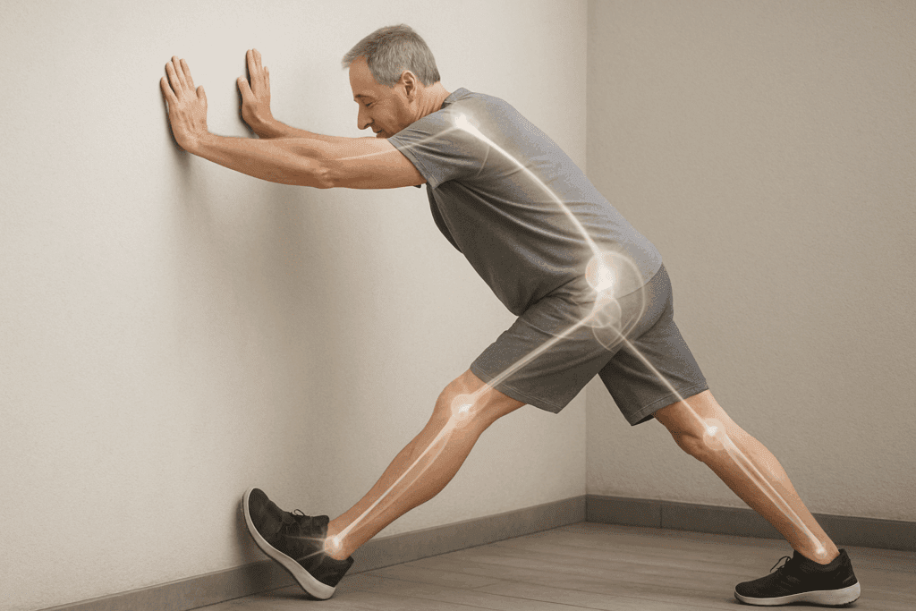 Older man doing a wall hamstring stretch with highlighted joints and bones to show how load transfers—visualizing the concept: do bone stretch exercises really help.