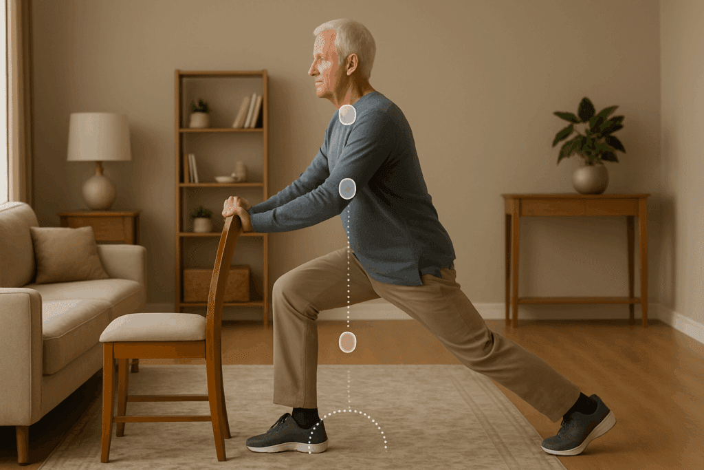 Older adult doing hip flexor stretch using a chair in a calm living room, showing how do bone stretch exercises really help with balance.