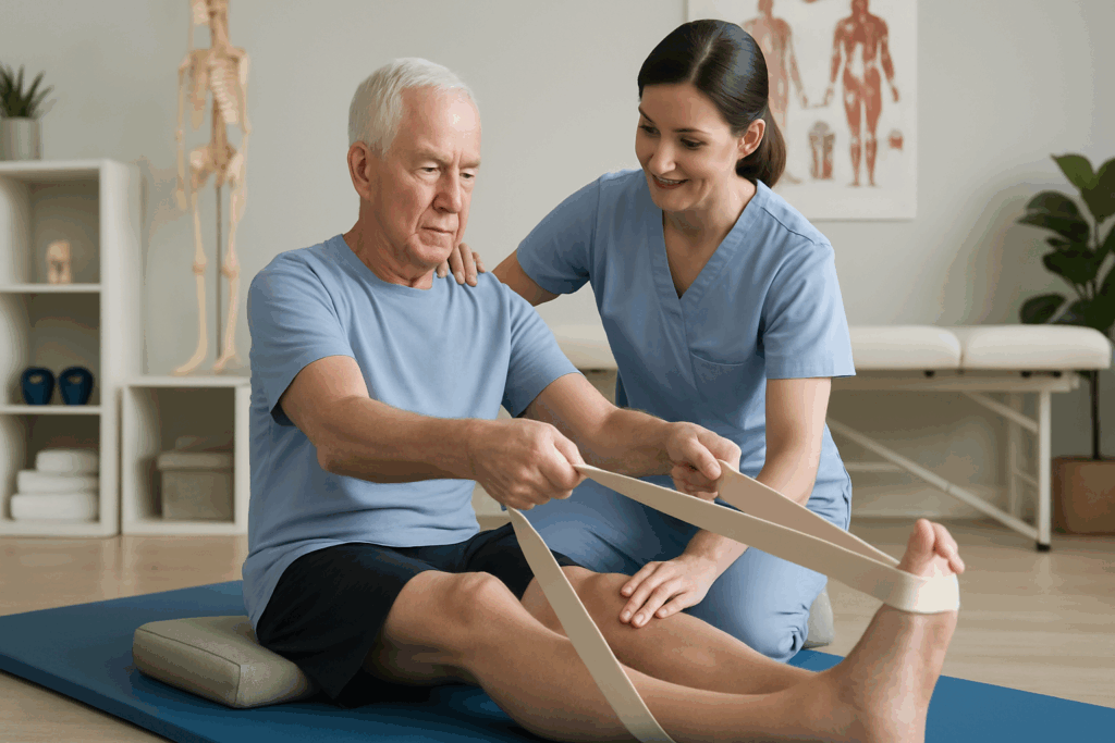 Elderly man assisted by therapist in a clinic while using a yoga strap for seated leg stretch, illustrating do bone stretch exercises really help.