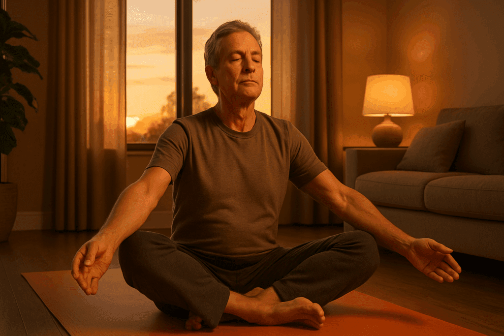 Older man practicing evening yoga and mindful breathing in a peaceful room, showing how do bone stretch exercises really help with balance and relaxation.