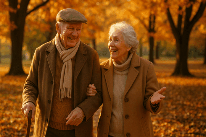 Elderly couple walking arm-in-arm through an autumn park, symbolizing warmth, memory, and the contrast of Normal Aging vs Dementia.