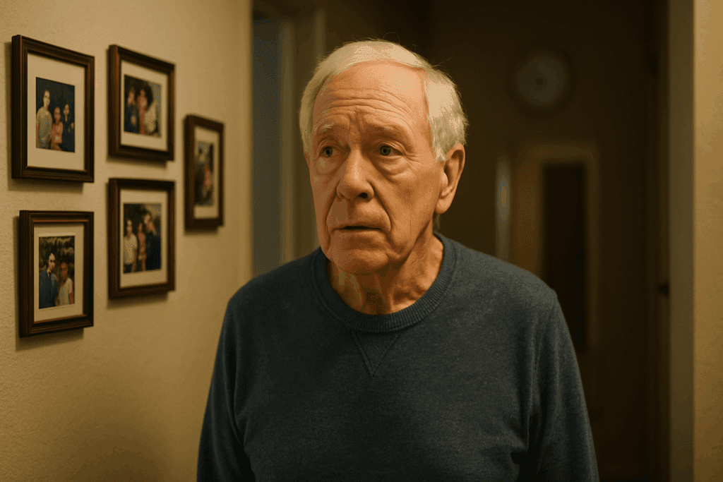 Elderly man standing confused in a hallway with family photos behind him, visually portraying Normal Aging vs Dementia concerns.