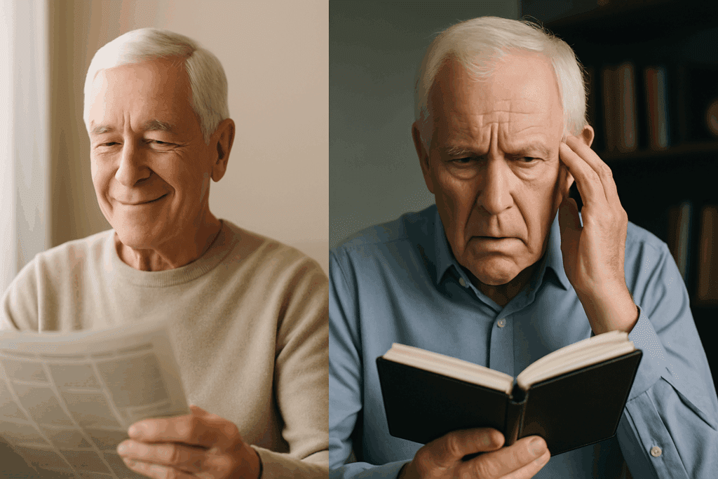 Elderly man calmly reading a newspaper contrasted with another elderly man looking confused while holding a planner, illustrating Normal Aging vs Dementia.