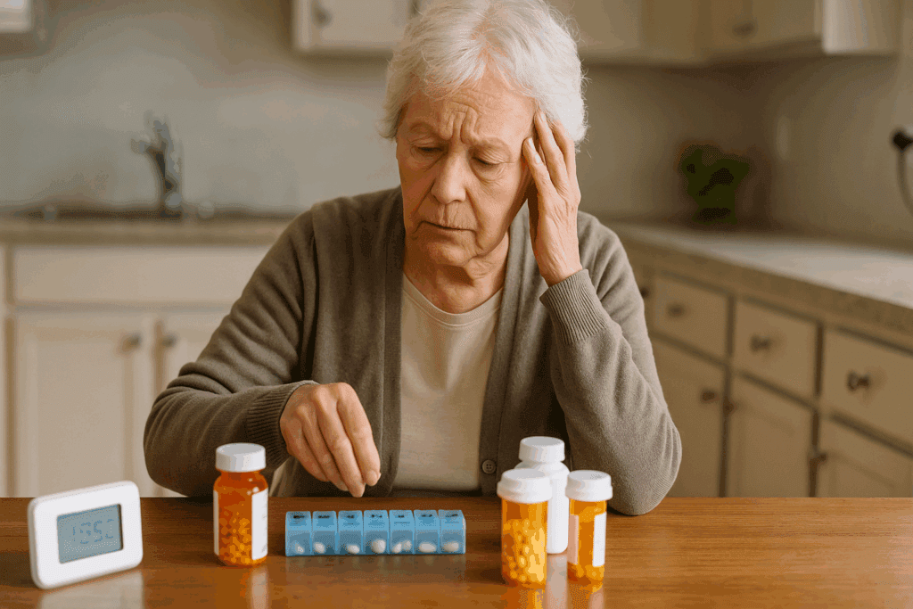 Elderly woman at a kitchen table organizing pills with a digital reminder nearby, illustrating Normal Aging vs Dementia challenges in daily routines.