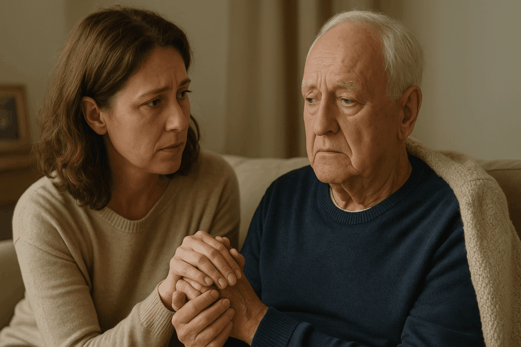 Middle-aged woman holding hands with a confused elderly man on a couch, showing the emotional contrast in Normal Aging vs Dementia.