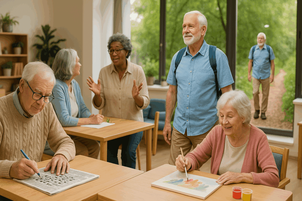 Older adults engaged in social and cognitive activities—walking, painting, and doing puzzles—illustrating Normal Aging vs Dementia lifestyle strategies.