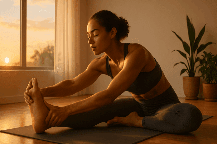 Woman stretching on a yoga mat at sunrise in a serene room, showing muscle tension and wellness—answering is it normal to be sore after stretching.
