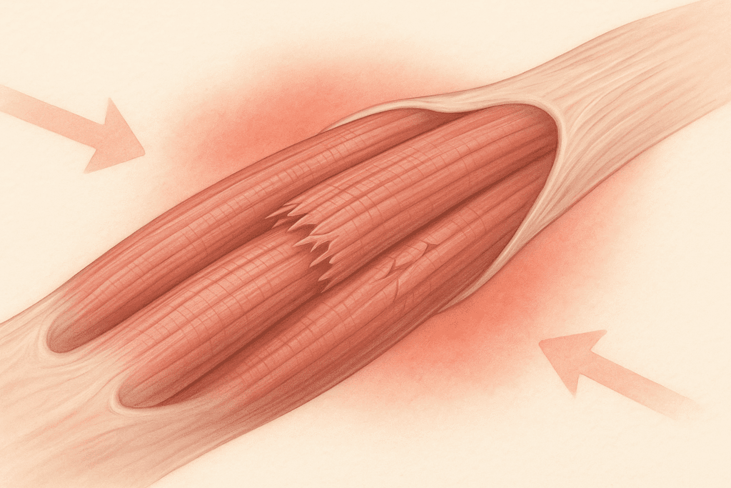 Scientific illustration of muscle fibers with microtears and mild inflammation to explain is it normal to be sore after stretching