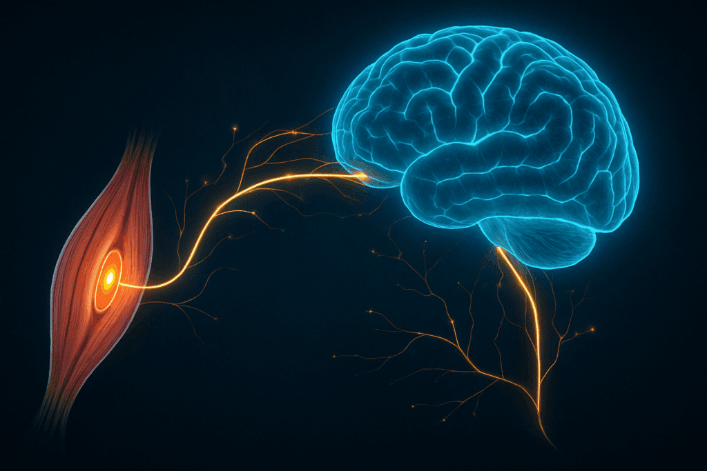 Stylized diagram of brain-to-muscle neural pathway with glowing synapses showing how signals travel—answers the question: is it normal to be sore after stretching