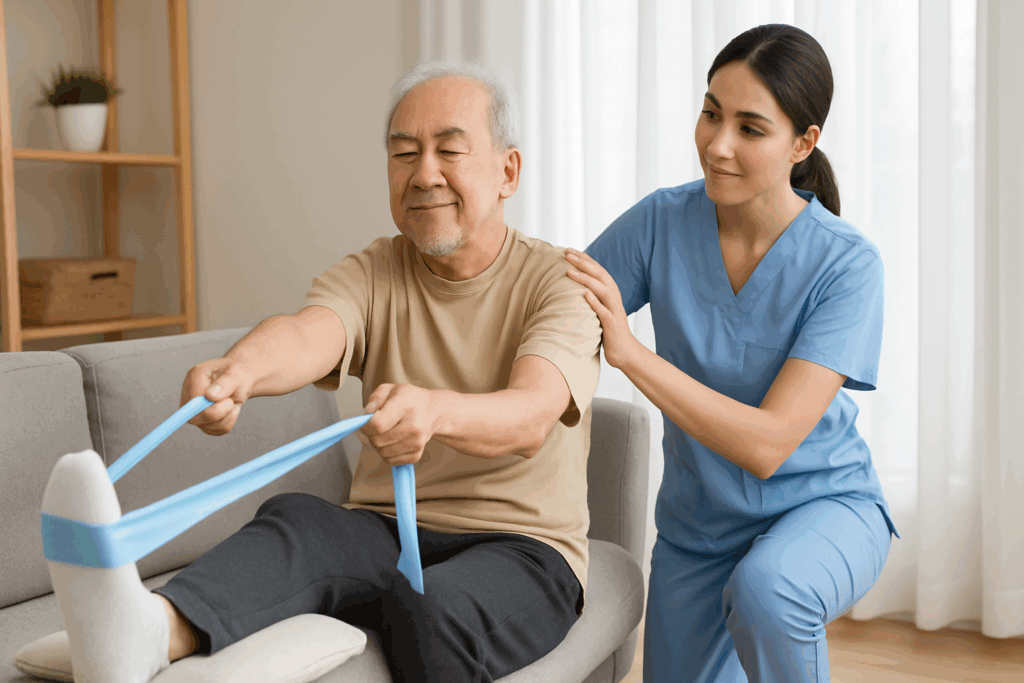 Elderly man doing seated stretching with therapist’s help at home, illustrating the question is it normal to be sore after stretching