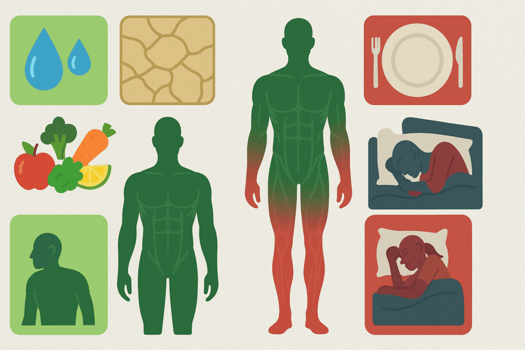 Side-by-side infographic comparing muscle recovery with good vs. poor hydration, nutrition, and sleep to explore is it normal to be sore after stretching
