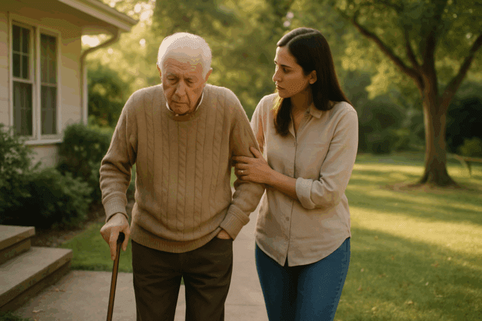 Younger woman gently supporting elderly man with a cane during a walk, illustrating early signs of decline in elderly.