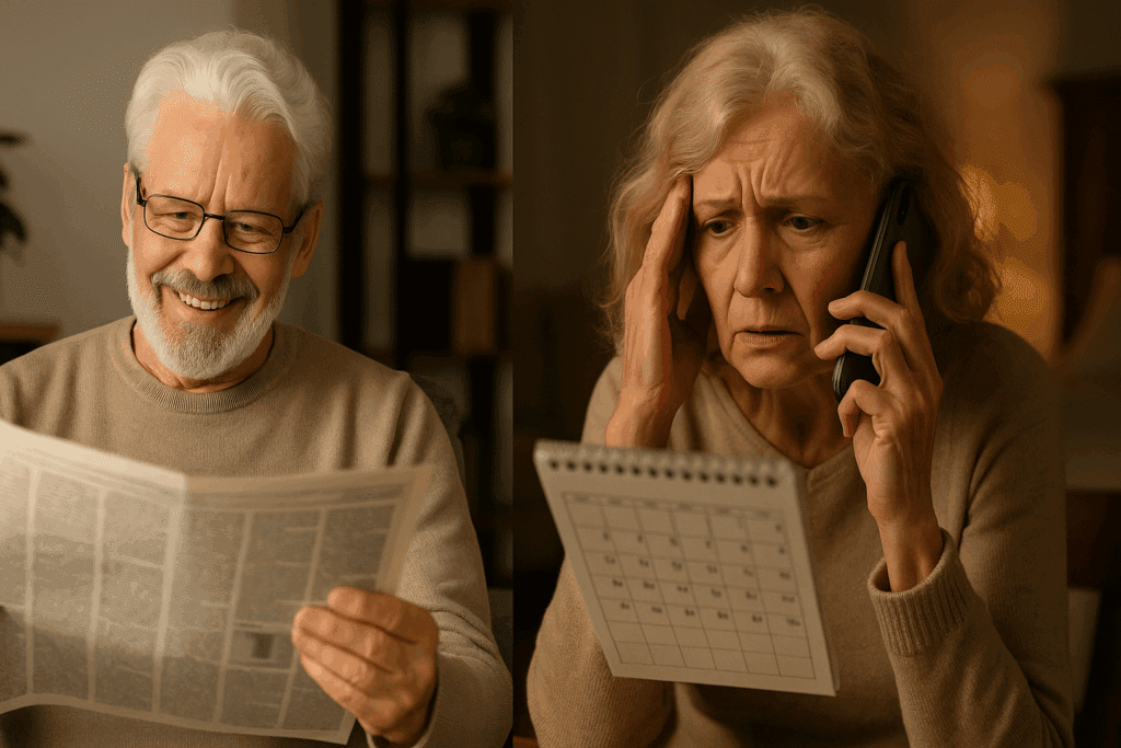 Split image showing signs of decline in elderly with one senior reading happily and another appearing confused while holding a calendar and phone.