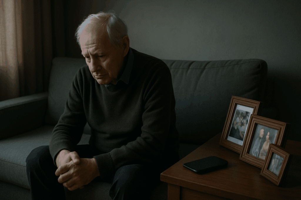 Elderly man sitting alone on a dimly lit sofa, gazing downward with a withdrawn expression—capturing emotional signs of decline in elderly.