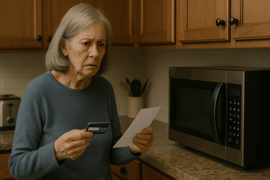 Elderly woman in kitchen looking confused while holding a credit card and bill, showing early signs of decline in elderly.
