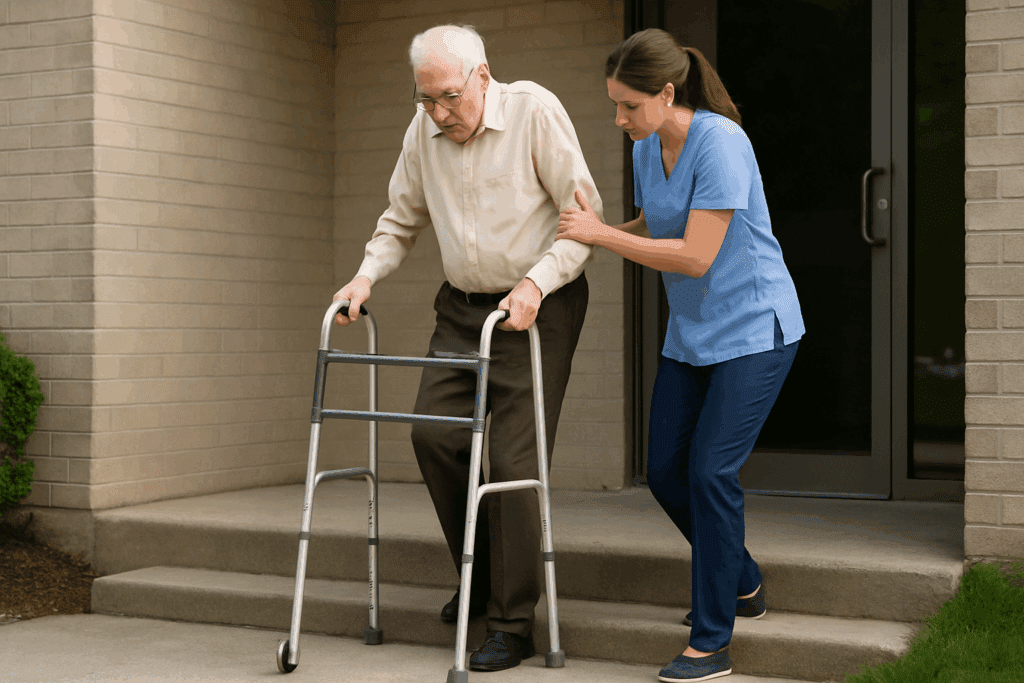 Caregiver assisting frail elderly man with walker down outdoor steps, illustrating physical signs of decline in elderly.