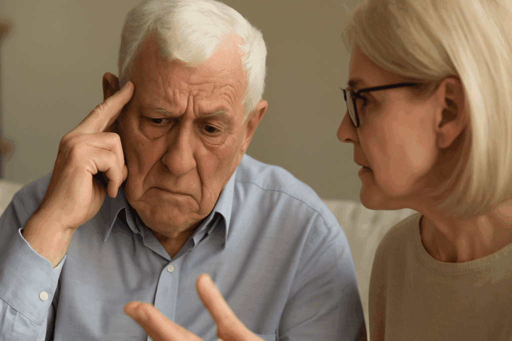Elderly man showing signs of decline in elderly during a conversation, pausing with a confused expression as a woman listens attentively.