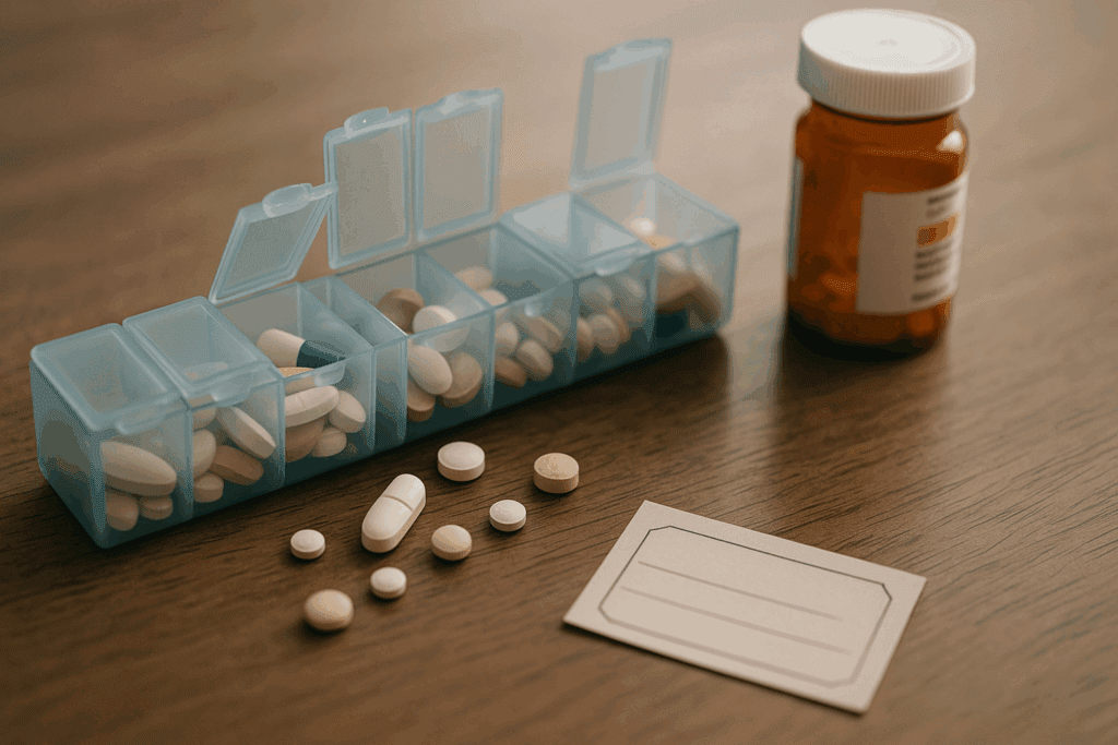 Disorganized pill organizer with scattered tablets, prescription bottle, and forgotten appointment card illustrating signs of decline in elderly.