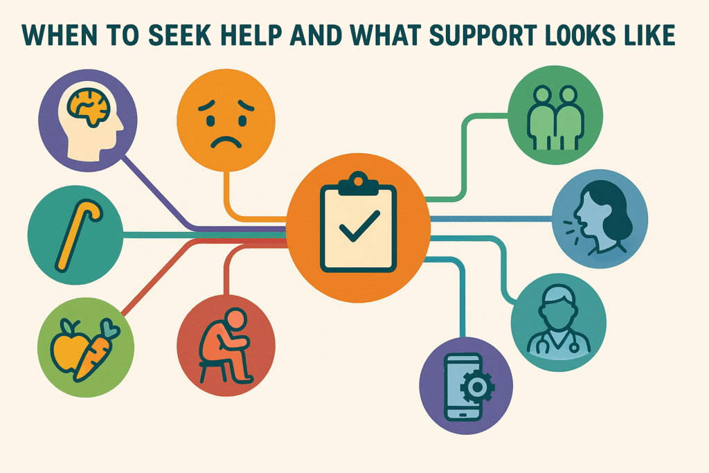 Colorful infographic showing interconnected icons for signs of decline in elderly, including cognition, emotion, mobility, social withdrawal, nutrition, and sleep, centered around timely support options.